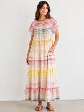 Anthropologie Striped Tiered Colorful Fun Sun Maxi Dress Pockets XS